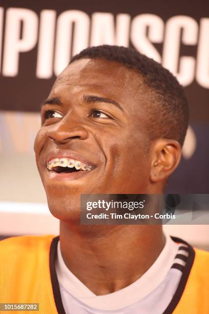 August 7: Vinicius Junior of Real Madrid on the bench before the start of the Real Madrid vs AS Roma International Champions Cup match at MetLife...