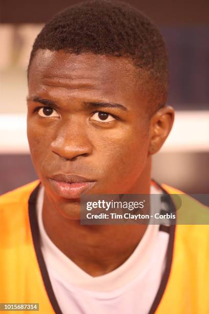 August 7: Vinicius Junior of Real Madrid on the bench before the start of the Real Madrid vs AS Roma International Champions Cup match at MetLife...