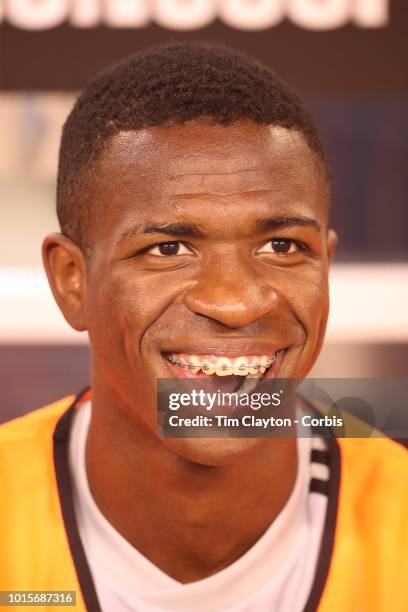 August 7: Vinicius Junior of Real Madrid on the bench before the start of the Real Madrid vs AS Roma International Champions Cup match at MetLife...