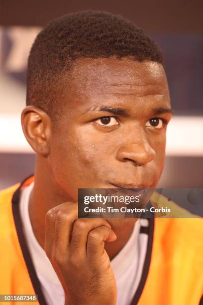 August 7: Vinicius Junior of Real Madrid on the bench before the start of the Real Madrid vs AS Roma International Champions Cup match at MetLife...