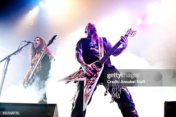 Tom Araya and Kerry King of Slayer perform at The Forum on June 2, 2010 in London, England.