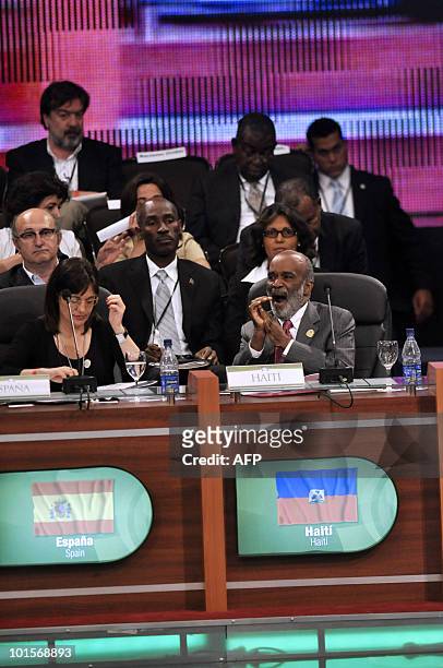 Haitian president Rene Preval speaks during the opening session of the "World Summit for the Future of Haiti" in Punta Cana, Dominican republic, on...