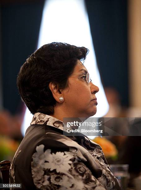 Indra Nooyi, chairman and chief executive officer of PepsiCo Inc., listens to a speaker at the U.S.-India Business Council meeting in Washington,...