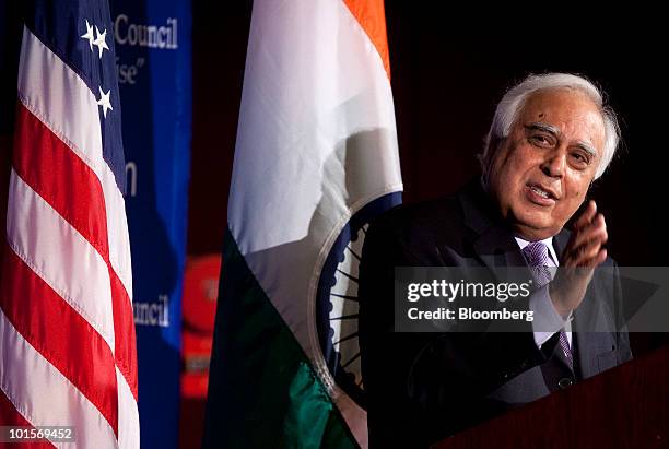 Kapil Sibal, Indian union minister of human resource development, speaks at the U.S.-India Business Council meeting in Washington, D.C., U.S., on...