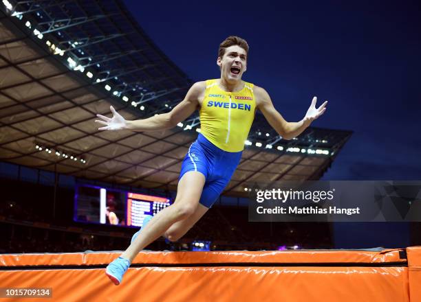 Armand Duplantis of Sweden reacts in the Men's Pole Vault final during day six of the 24th European Athletics Championships at Olympiastadion on...