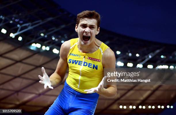 Armand Duplantis of Sweden reacts in the Men's Pole Vault final during day six of the 24th European Athletics Championships at Olympiastadion on...