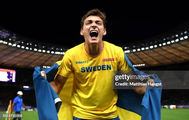 Armand Duplantis of Sweden celebrates after winning gold in the Men's Pole Vault final during day six of the 24th European Athletics Championships at...