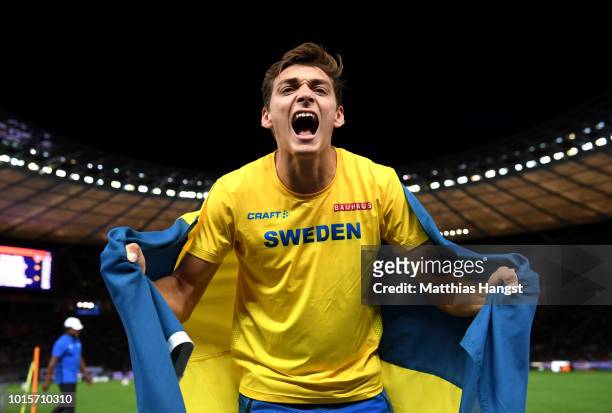 Armand Duplantis of Sweden celebrates after winning gold in the Men's Pole Vault final during day six of the 24th European Athletics Championships at...