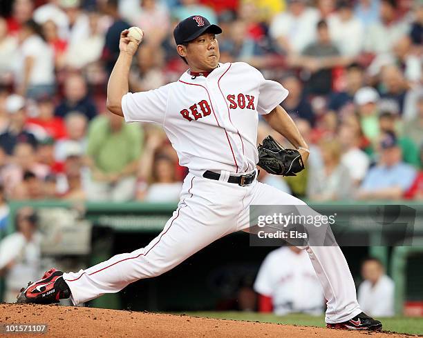 Daisuke Matsuzaka of the Boston Red Sox delivers a pitch in the first inning against the Oakland Athletics on June 2, 2010 at Fenway Park in Boston,...