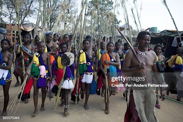 Young girls march to dance at a traditional Reed dance ceremony at the Royal Palace on August 30 in Ludzidzini, Swaziland. About 80.000 virgins from...