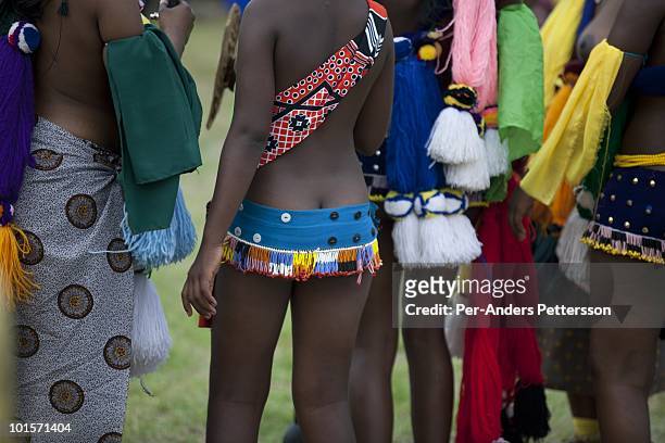 Young Swazi girls dance at a traditional Reed dance ceremony at the stadium at the Royal Palace on August 31 in Ludzidzini, Swaziland. About 80.000...