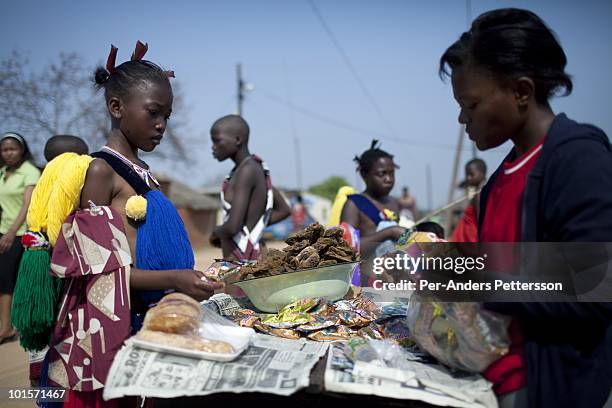 An unidentified girl buys dried fish from a trader before a traditional Reed dance ceremony at the Royal Palace on August 30 in Ludzidzini,...