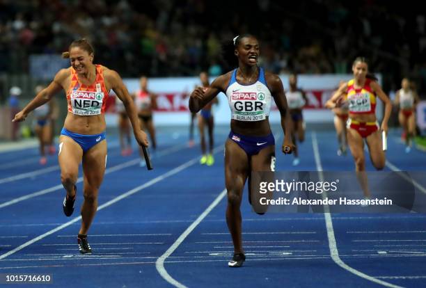 Dina Asher-Smith of Great Britain crosses the line to win gold in the Women's 4 x 100m Relay Final during day six of the 24th European Athletics...