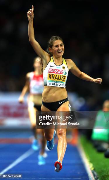 Gesa-Felicitas Krause of Germany celebrates winning gold in the Women's 3000 metres steeplechase final during day six of the 24th European Athletics...