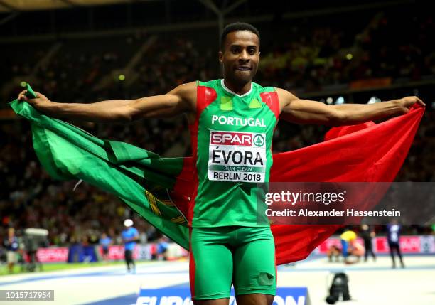 Nelson Evora of Portugal celebrates winning gold in the Men's Triple Jump final during day six of the 24th European Athletics Championships at...