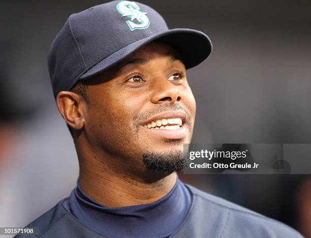 Ken Griffey Jr. #24 of the Seattle Mariners smiles in the dugout prior to the game against the Texas Rangers at Safeco Field on April 30, 2010 in...