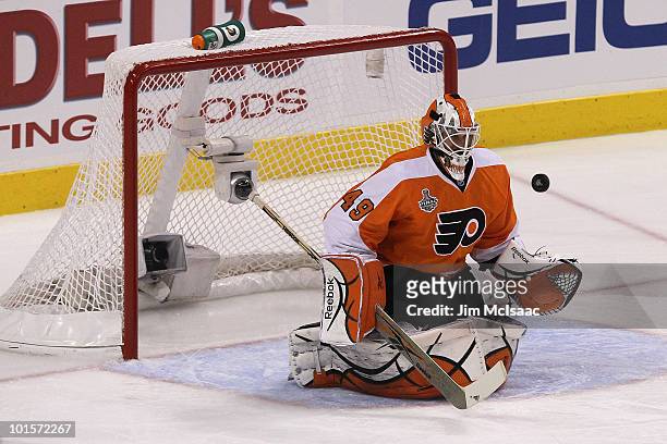 Michael Leighton of the Philadelphia Flyers makes a save against the Chicago Blackhawks in Game Three of the 2010 NHL Stanley Cup Final at Wachovia...