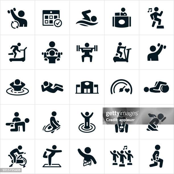 ilustraciones, imágenes clip art, dibujos animados e iconos de stock de iconos de instalación de fitness - sports venue