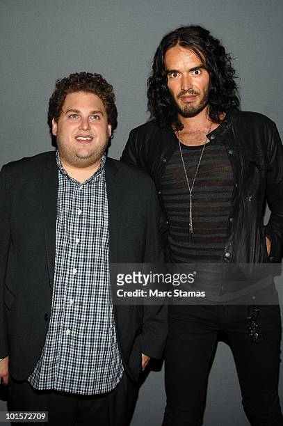 Actor Jonah Hill and actor Russell Brand attend Meet The Actors: "Get Him To The Greek" at the Apple Store Soho on June 2, 2010 in New York City.