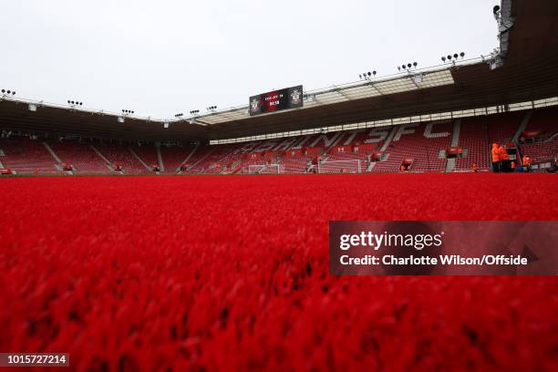 General view of the red carpeting that surrounds the pitch at St Marys Stadium during the Premier League match between Southampton FC and Burnley FC...