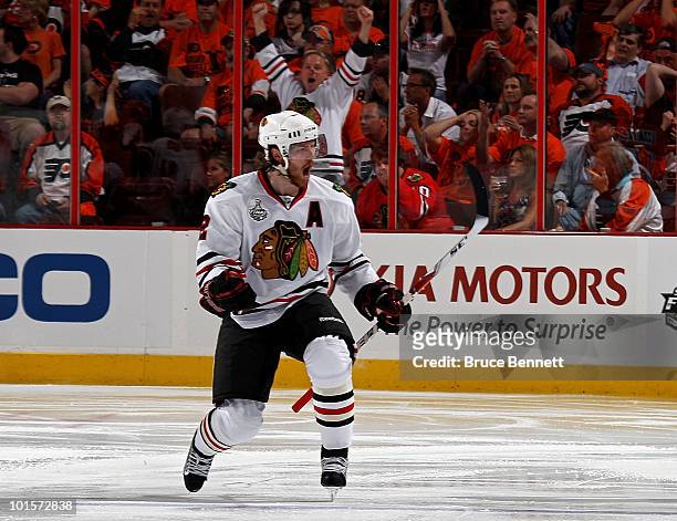 Duncan Keith of the Chicago Blackhawks celebrates after scoring a goal in the second period against the Philadelphia Flyers in Game Three of the 2010...