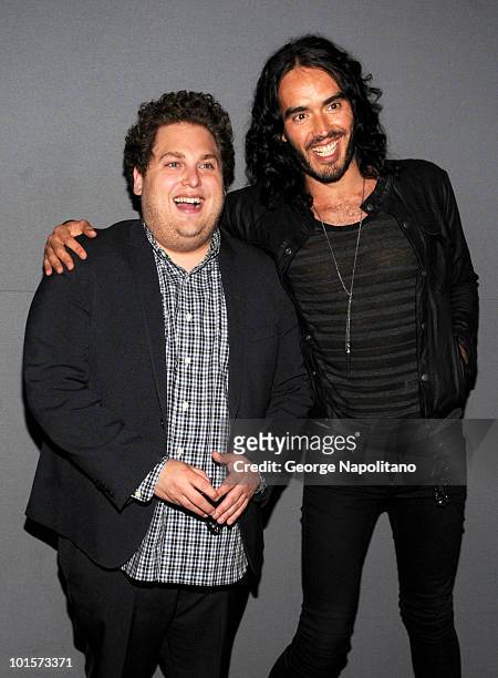 Actors Jonah Hill and Russell Brand attend Meet The Actors: "Get Him To The Greek" at the Apple Store Soho on June 2, 2010 in New York City.
