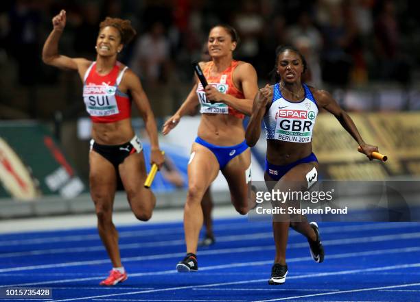 Dina Asher-Smith of Great Britain crosses the line to win gold in the Women's 4 x 100m Relay Final during day six of the 24th European Athletics...