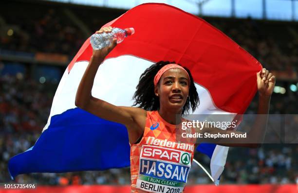 Sifan Hassan of the Netherlands celebrates winning the gold medal in the Women's 5,000m Final during day six of the 24th European Athletics...