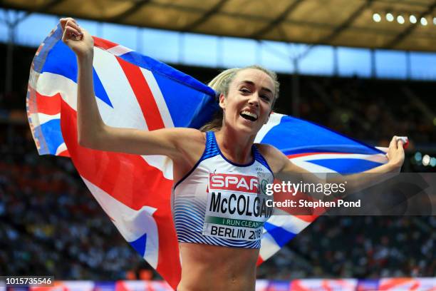 Elish McColgan of Great Britain celebrates as she wins silver in the Women's 5000 metres during day six of the 24th European Athletics Championships...