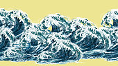 Sea wave horizontal seamless pattern in oriental vintage ukiyo-e style, realistic vector illustration.