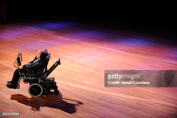 Physicist Stephen Hawking onstage during the 2010 World Science Festival Opening Night Gala at Alice Tully Hall, Lincoln Center on June 2, 2010 in...