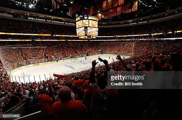 The Philadelphia Flyers score the winning goal in overtime against the Chicago Blackhawks during Game Three of the 2010 NHL Stanley Cup Finals at...