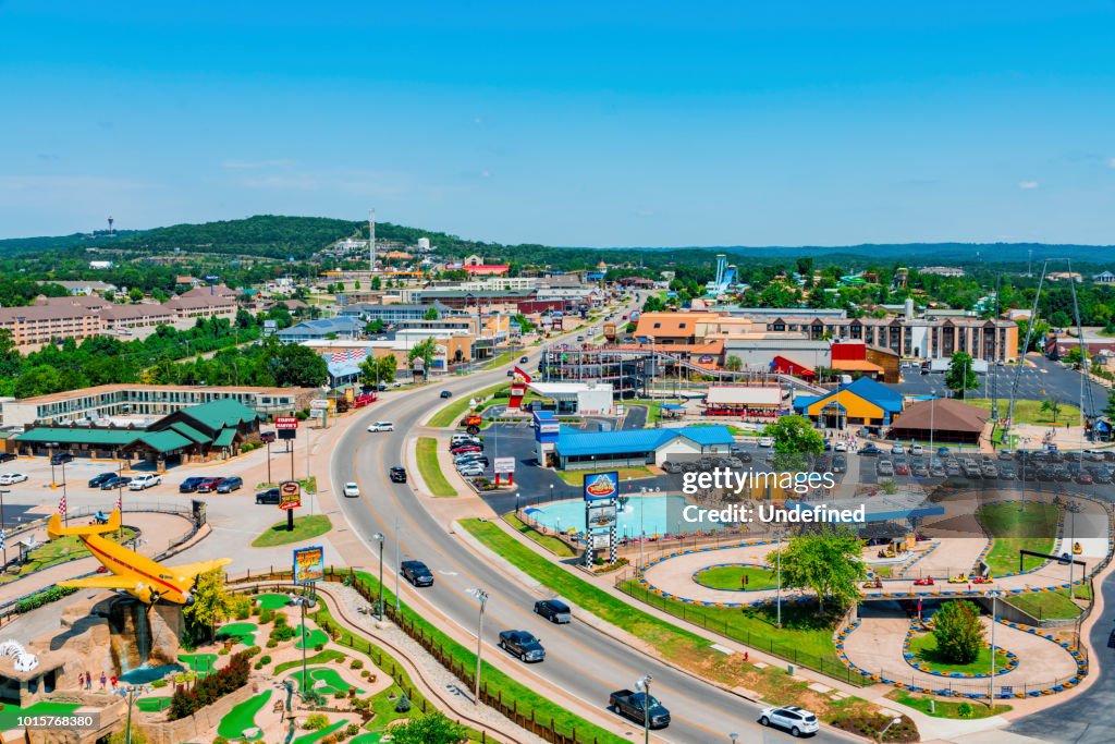 Daytime Summer Aerial View of Hwy 76 Strip in Branson, Missouri