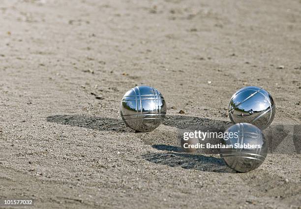 leisure; three metal balls - bocce ball stock pictures, royalty-free photos & images