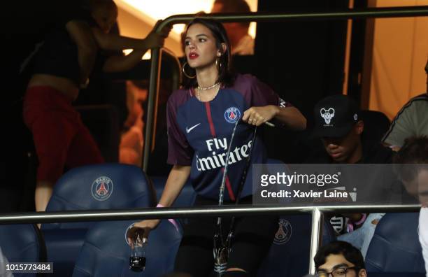 Neymar wife, Bruna Marquezine react during the Ligue 1 match between Paris Saint Germain and SM Caen at Parc des Princes on August 12, 2018 in Paris,...