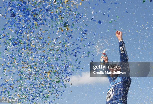 Kevin Harvick, driver of the Busch Light/Mobil 1 Ford, celebrates in Victory Lane after winning the Monster Energy NASCAR Cup Series Consmers Energy...