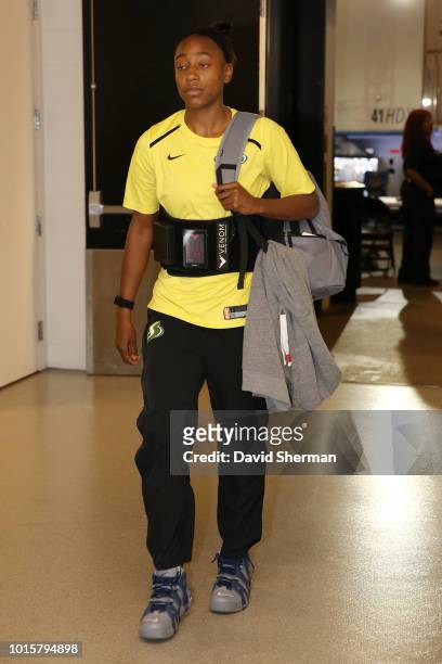 Forward Crystal Langhorne of the Seattle Storm arrives before the game against the Minnesota Lynx on August 12, 2018 at Target Center in Minneapolis,...