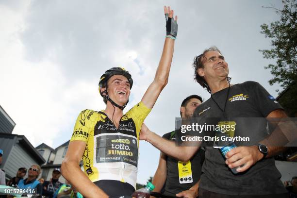 Sepp Kuss of The United States and Team LottoNL-Jumbo / Celebration / yellow leader jersey / during the 14th Larry H. Miller Tour of Utah, Stage 6 a...