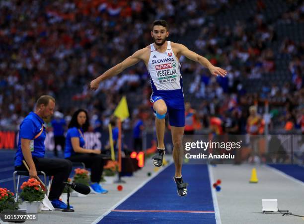 Slovakian athlete Tomas Veszelka competes in triple jump final during the 2018 European Athletics Championships in Berlin, Germany on August 12, 2018.