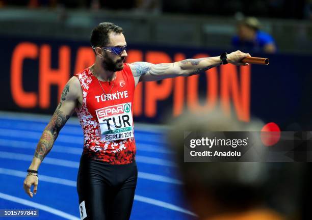 Turkish athlete Ramil Guliyev celebrates after winning the silver medal in men's 4x100m relay final during the 2018 European Athletics Championships...