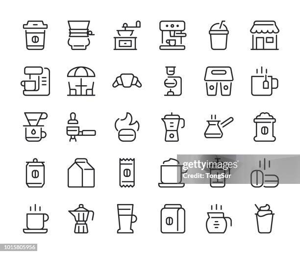 ilustraciones, imágenes clip art, dibujos animados e iconos de stock de café - los iconos de línea regular - cafetera exprés