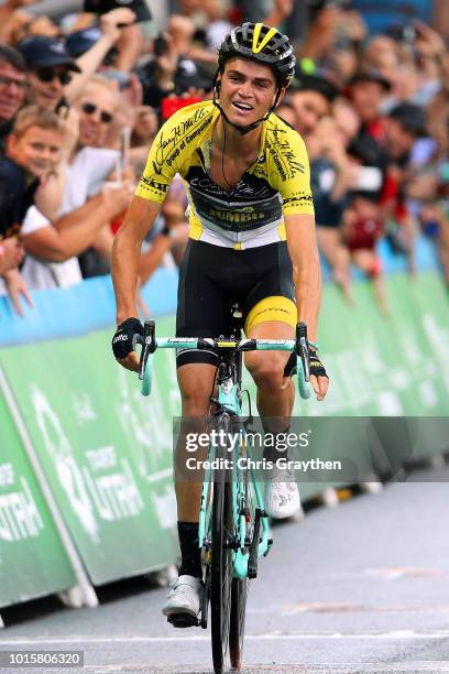 Arrival / Sepp Kuss of The United States and Team LottoNL-Jumbo Yellow Leader Jersey // Celebration / during the 14th Larry H. Miller Tour of Utah,...