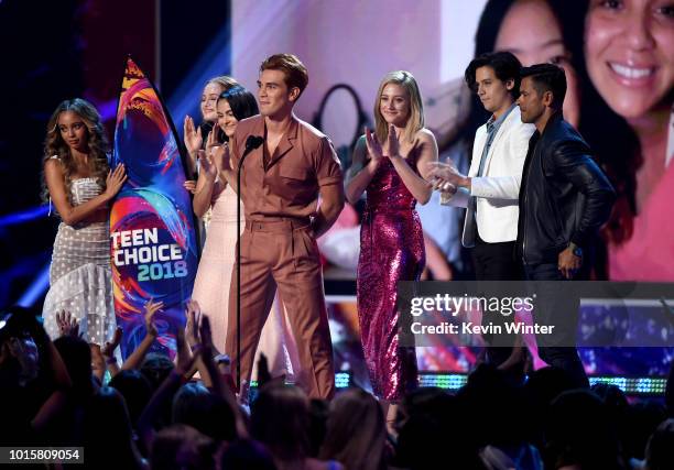 Vanessa Morgan, Madelaine Petsch, Camila Mendes, KJ Apa, Lili Reinhart, Cole Sprouse and Mark Consuelos of "Riverdale" accept the Choice Drama TV...