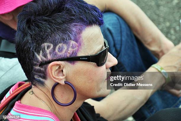 Fan, with Pink Pop shaved into her hair, visits the first day of Pink Pop Festival on May 28, 2010 in Landgraaf, Netherlands.