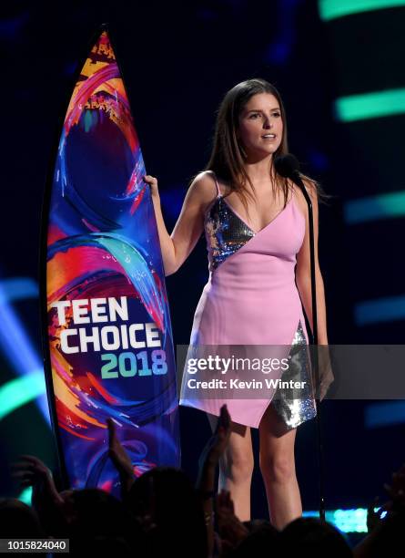 Anna Kendrick accepts the Choice Comedy Movie Actress for "Pitch Perfect 3" onstage during FOX's Teen Choice Awards at The Forum on August 12, 2018...