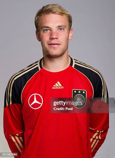 Goalkeeper Manuel Neuer poses during the official team photocall of the German FIFA 2010 World Cup squad on June 3, 2010 in Frankfurt am Main,...