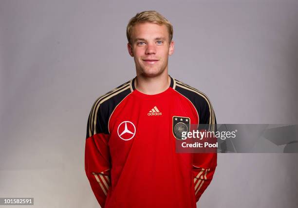 Goalkeeper Manuel Neuer poses during the official team photocall of the German FIFA 2010 World Cup squad on June 3, 2010 in Frankfurt am Main,...