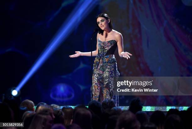 Lucy Hale speaks onstage during FOX's Teen Choice Awards at The Forum on August 12, 2018 in Inglewood, California.