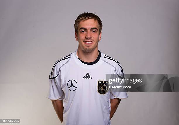 Team captain Philipp Lahm poses during the official team photocall of the German FIFA 2010 World Cup squad on June 3, 2010 in Frankfurt am Main,...