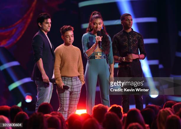 Diego Tinoco, Jason Genao, Sierra Capri, and Brett Gray accept the Choice Breakout Show award for "On My Block" onstage during FOX's Teen Choice...
